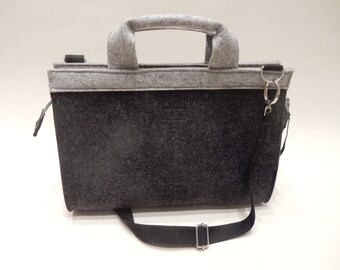 Large handbag with inner pockets - black and grey felt bag made of 3 mm wool felt