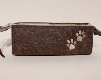 Paws - brown pencil case, embroidered, lined, 3 mm wool felt