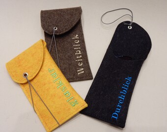wide glasses case, black, embroidered, 3 mm wool felt