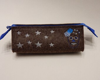 Skull - brown pencil case, embroidered, lined, 3 mm wool felt