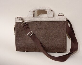 Large handbag with inner pockets - brown and beige felt bag made of 3 mm wool felt