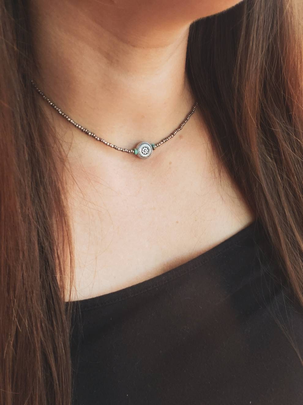 Seed Bead Choker With Jasper and Metal 