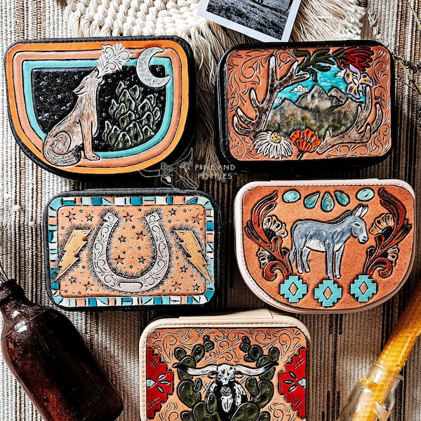 Large tooled leather patch on travel jewelry box,western,cowhide,wool,sunflower,cowgirl,punchy,cowboy,steer,cactus,turquoise