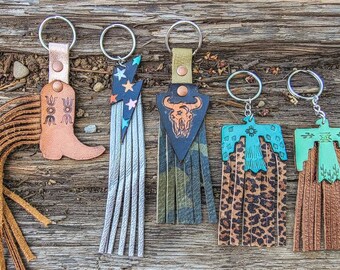 Tooled leather keychain with leather fringe,punchy,western,boho,purse charm,cowgirl,country,country girl,car accessories,cactus,steer