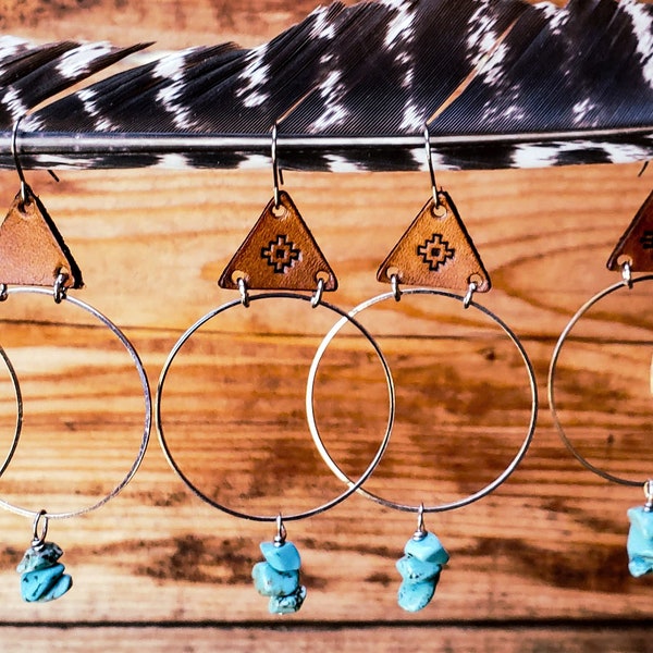 Tooled leather on hoop with turquoise chip beads,western,boho,bohemian,hippie,punvhy,cowgirl,southwest,country girl,cactus,der horns,rodeo