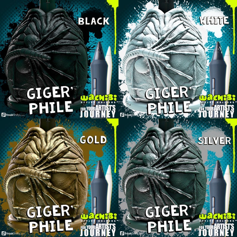 May include: Four stylized egg-shaped stylus holders in black, white, gold, and silver. Each holder features a detailed, textured design and the text "GIGER PHILE". A dark blue and white stylus is next to each holder. The background is a teal color.