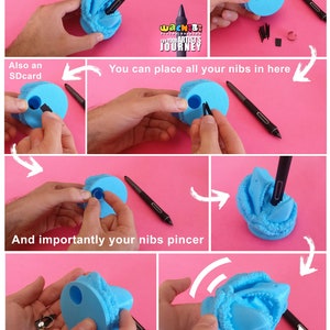 May include: Instructional image for the Wachibi stylus accessory holder. The image shows how to store a stylus, SD card, and nibs. The holder is blue and has a unique design. The text on the image says "The Wachibi Instruction Manual."