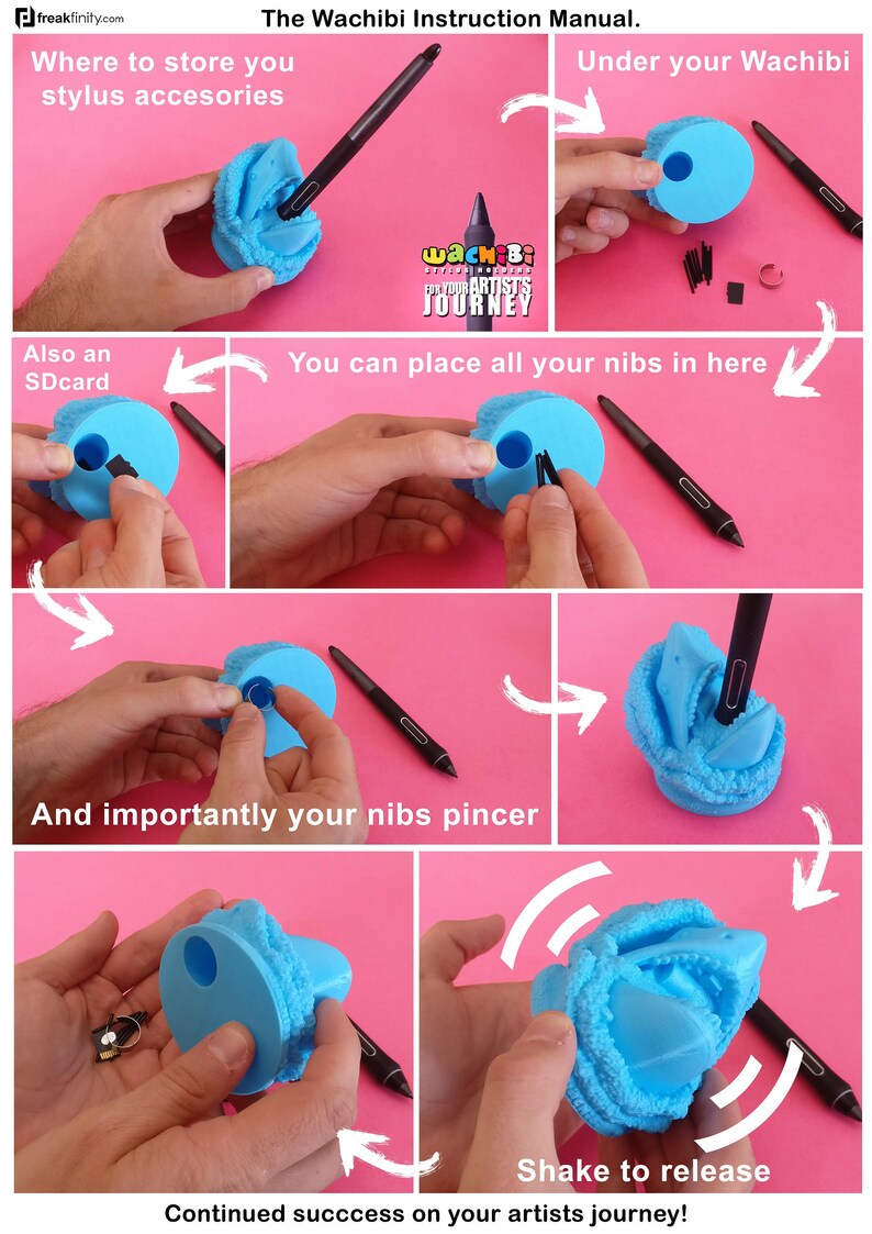 May include: Instructional image for the Wachibi stylus accessory holder. The image shows how to store a stylus, SD card, and nibs. The holder is blue and has a unique design. The text on the image says "The Wachibi Instruction Manual."
