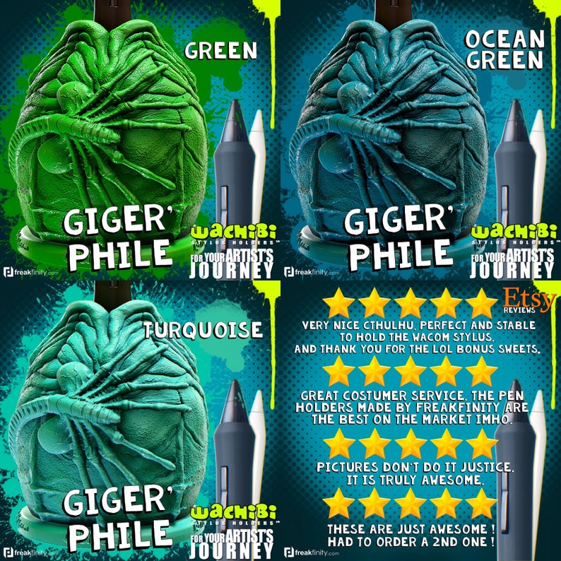 May include: Pen holders in green, ocean green, and turquoise, each with a unique textured design. The text "Giger Phile" is displayed on each holder, along with the brand name "WachiBi". The image also includes customer reviews.