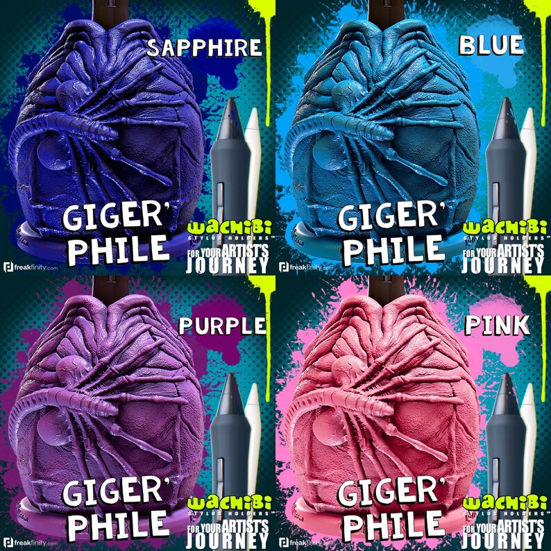 May include: Four colorful Giger Phile stylus holders in sapphire, blue, purple, and pink. Each holder has a textured, organic design and the text "GIGER PHILE". Each holder is paired with a black and white stylus. The text "Wachibi: For Your Artist's Journey" is also present.