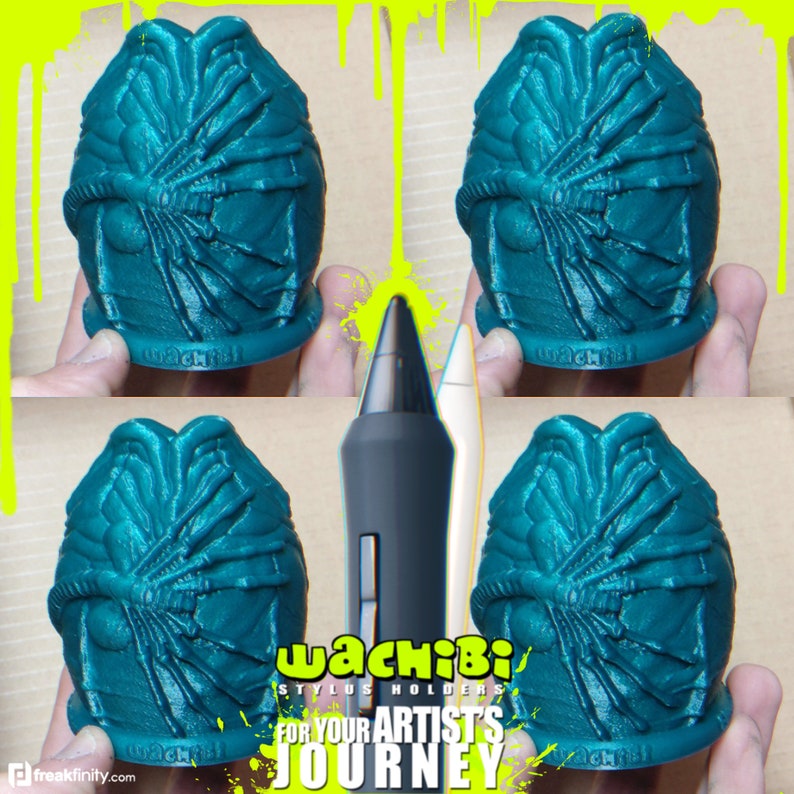 May include: Four teal stylus holders with an alien egg design. The holders are arranged around two styluses, one gray and one white. The text "WACHIBI STYLUS HOLDERS FOR YOUR ARTIST'S JOURNEY" is displayed in a yellow and white font.
