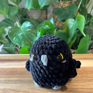 May include: A handmade black crochet owl with gray accents on the beak, feet, and eyebrows. The owl has large, round eyes with yellow highlights. The plush toy is sitting on a wooden surface, with green plants in the background.