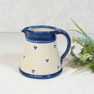Può includere: Una brocca in ceramica con corpo bianco e dettagli blu. La brocca ha un manico curvo e un beccuccio. Piccoli motivi a pois blu decorano il corpo. Anche la base e il bordo sono blu. Un oggetto decorativo per la cucina.