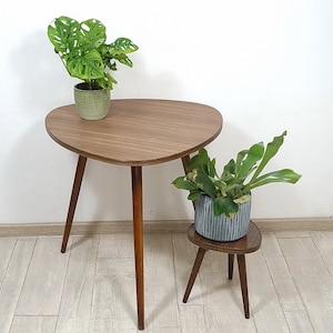 Könnte beinhalten: Zwei Pflanzenständer im Mid-Century-Modern-Stil, einer groß und einer klein. Die Tische haben dreieckige Tischplatten und drei Beine. Topfpflanzen mit grünen Blättern stehen auf den Tischen.