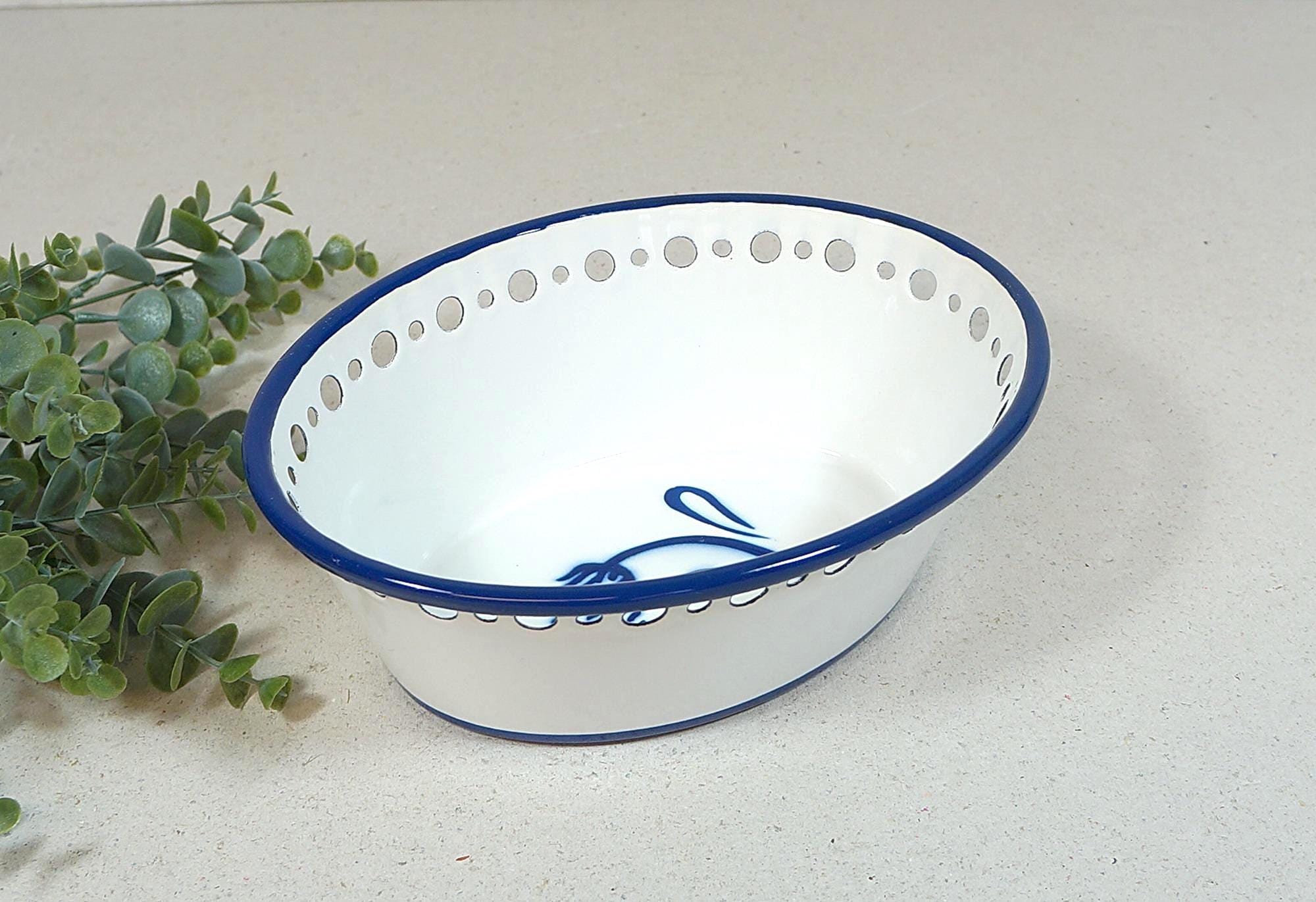 Vintage IKEA Emaille-Schüssel, Brotkorb, Obstschale 'Arv Idyll' - weiß & blau