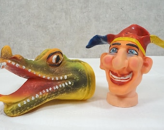 Vintage - 2 large hand puppet heads - Punch and crocodile - Kasper-Theater, Puppet theater - 60s/ 70s