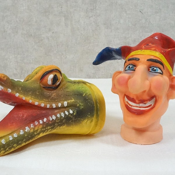 Vintage - 2 große Handpuppen-Köpfe - Kasperle und Krokodil - Kasper-Theater, Puppentheater - 60er/ 70er Jahre