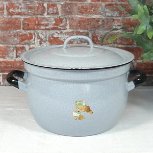large old enamel cooking pot, enamel pot - blue-grey - 60s