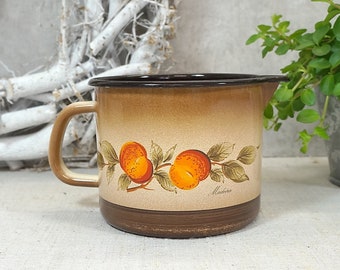 old enamel jug, pot, milk pot, cooking pot, handle pot - fruit motif, fruits - 80s