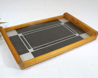 kleines Tablett, Serviertablett, Holztablett mit Glasfläche - 40er Jahre