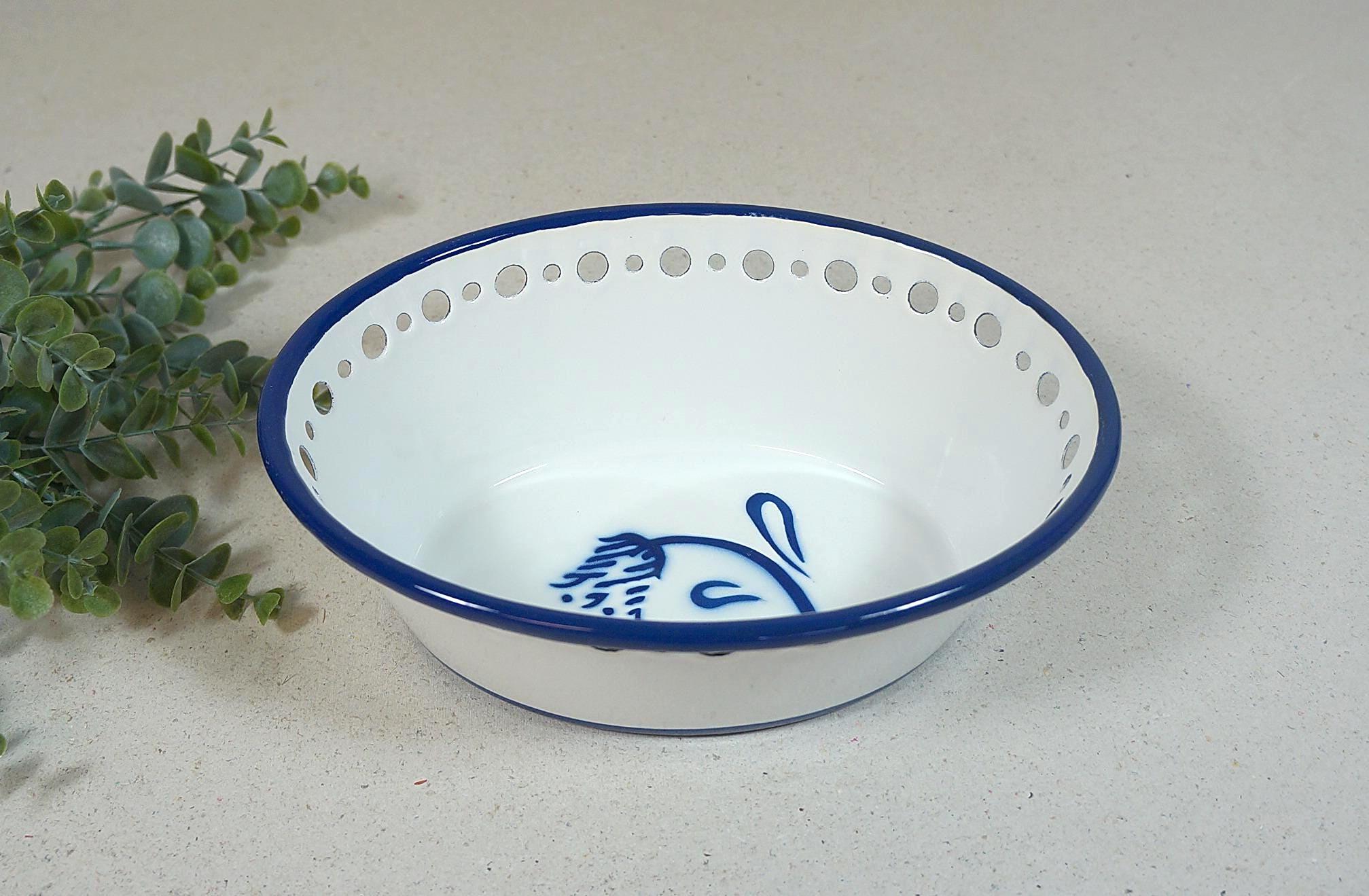 Vintage IKEA Emaille-Schüssel, Brotkorb, Obstschale 'Arv Idyll' - weiß & blau