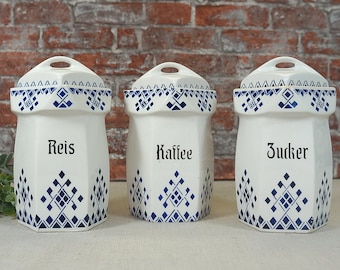 Set of 3 antique porcelain storage jars 'coffee, sugar and rice' - storage, kitchen, country kitchen - Bauhaus