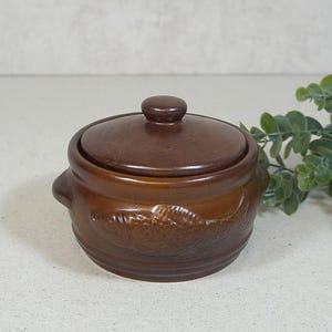 Può includere: Una pirofila in ceramica marrone con coperchio. Il piatto ha due manici e un motivo decorativo in rilievo attorno alla base. Il coperchio ha un piccolo pomello rotondo. Il piatto è su una superficie bianca.