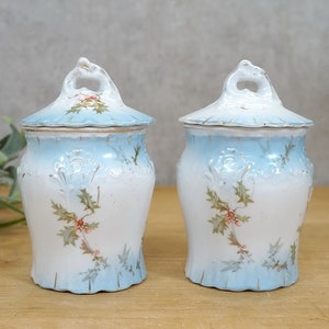 2 small vintage storage jars, spice jars, lidded jars made of porcelain - richly decorated - with floral decoration and gold rim