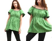 Green Floral Peasant Top Peasant Empire Tunic Short Sleeve Top M