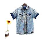 80s Acid Wash New Wave Shirt Womens Funny Embroidered Denim Shirts Medium