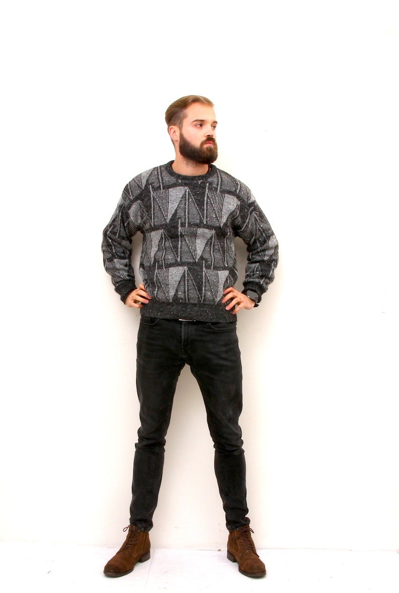 80s Geometric Sweater With Grey Tones Simple Pullover Home Pullover For Man M