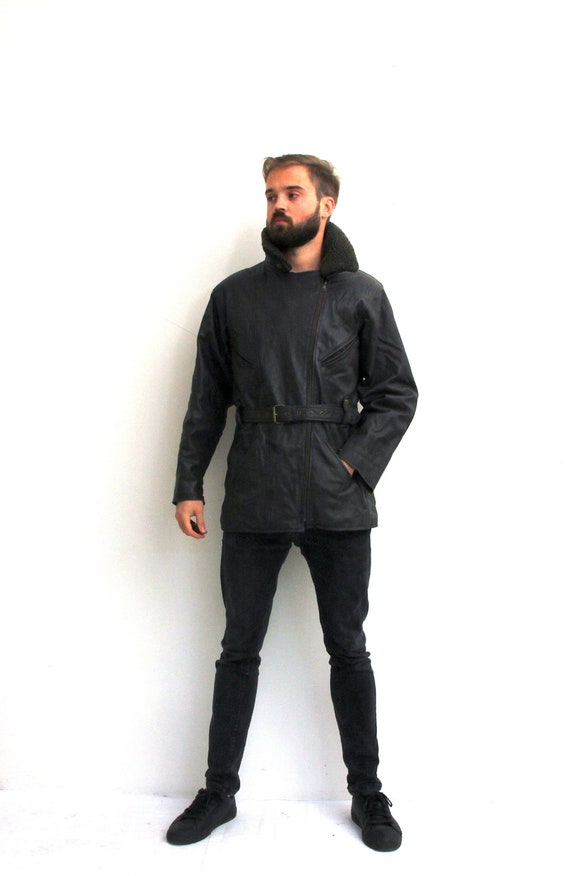 Belted Heavy Leather Coat Furry Neck Men Black Jac
