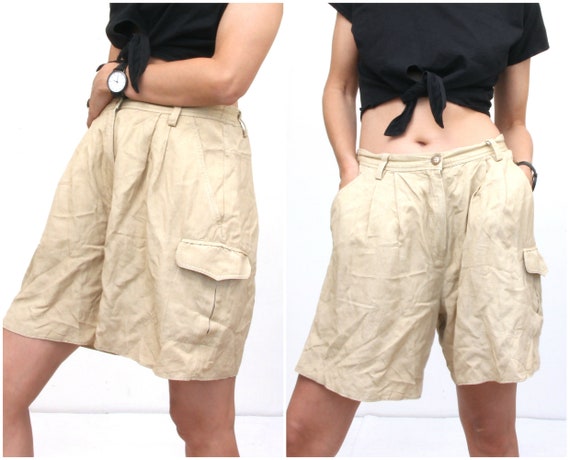 Beige Linen Bermuda Shorts Loose Knee High Shorts