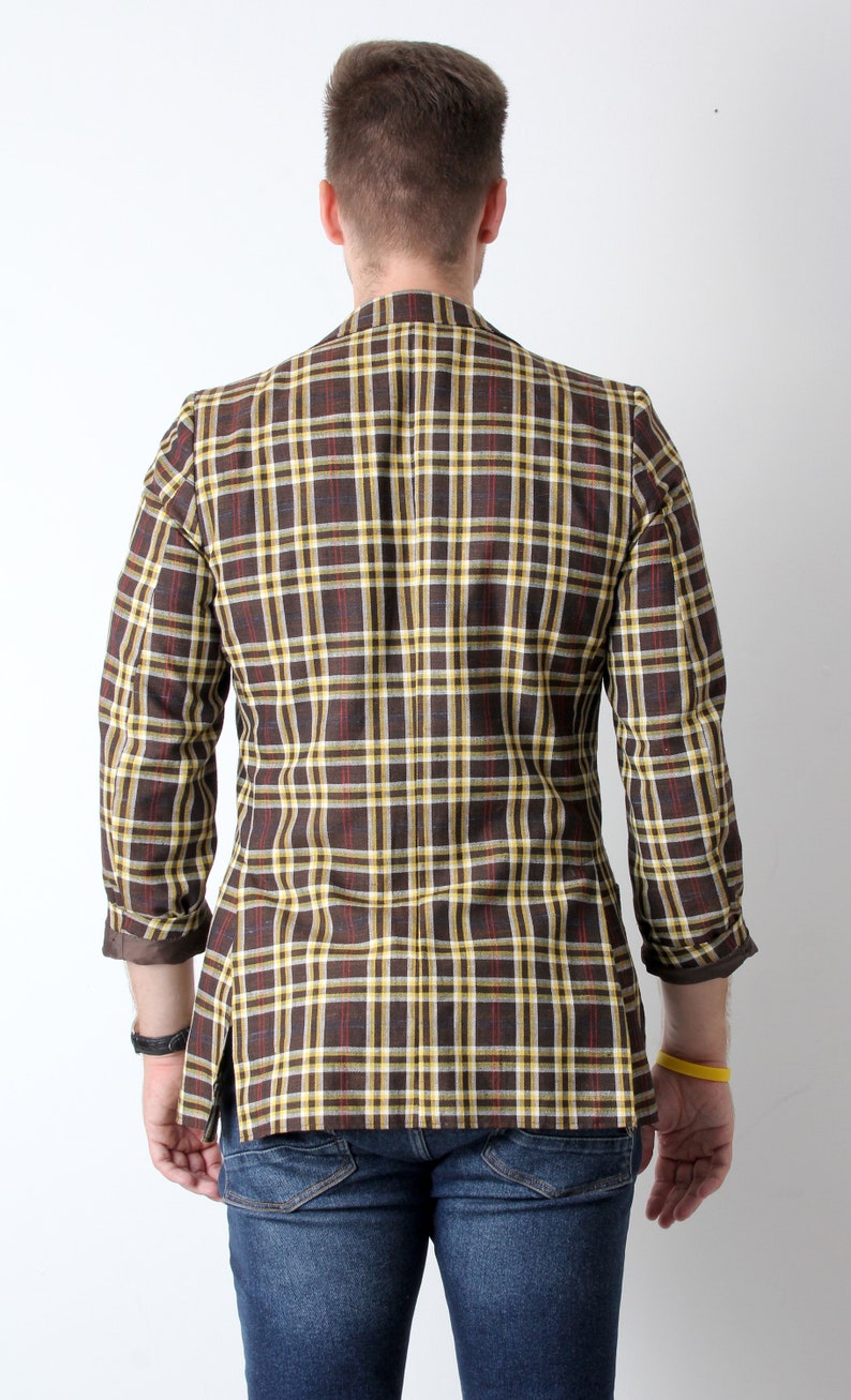 70s Tartan Jacket Tailored Jacket For Men Classic Jacket Yellow Brown Jacket L