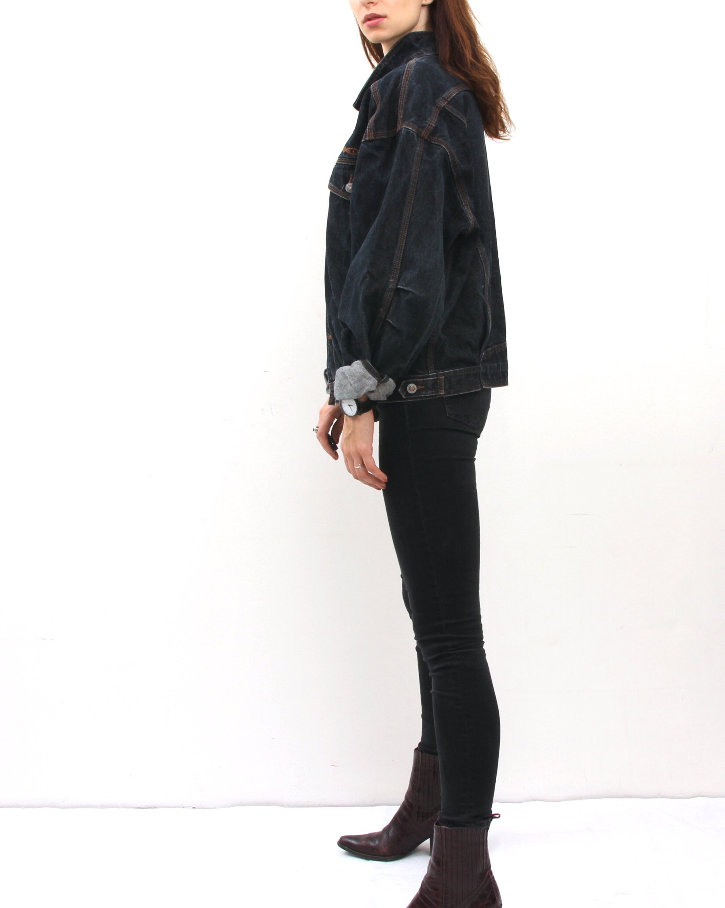 Vintage Black Oversized Jean Jacket Western Embroidered Jacket Etsy