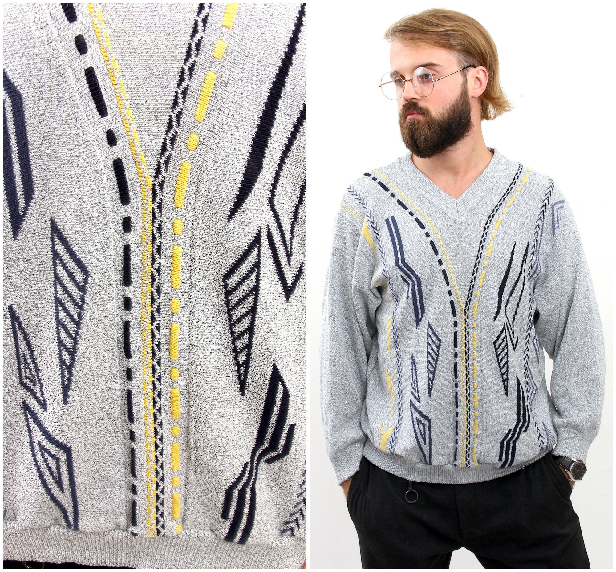 Vintage Geometric Dad's Sweater Knitted Grey Abstract Pullover M L
