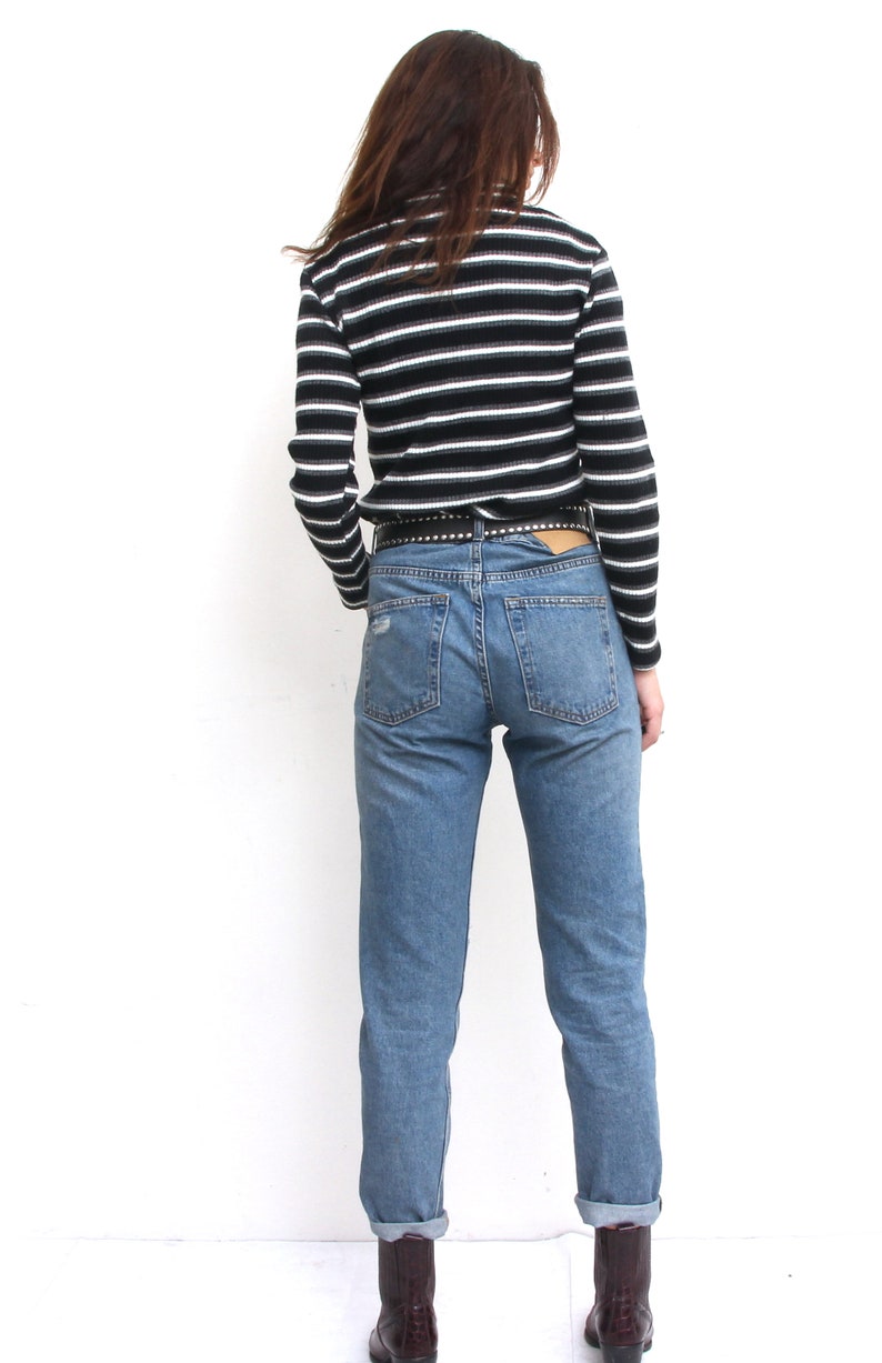 Vertical Stripes Black And White Top Quarter Zip Blouse Fitted Grunge Everyday Top With Long Sleeve M Made in France
