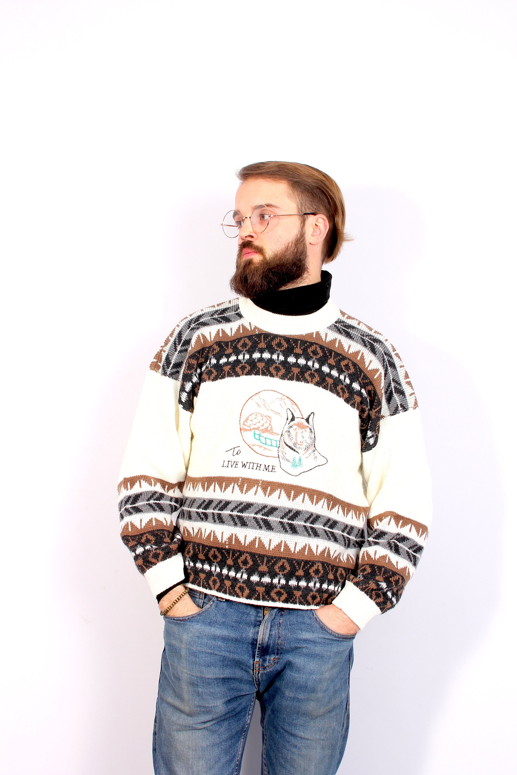 Vintage 80's Unisex Dad's Sweater Animals Knit Print Pullover M L