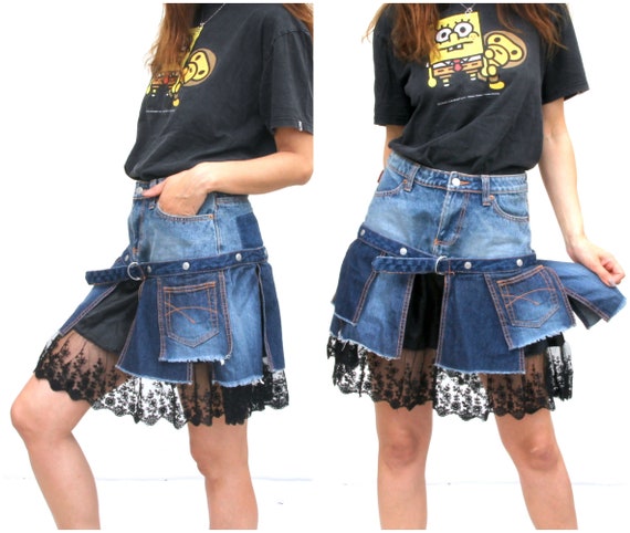 Unique Patchwork Denim Skirt Lace Bottom Skirt Jea