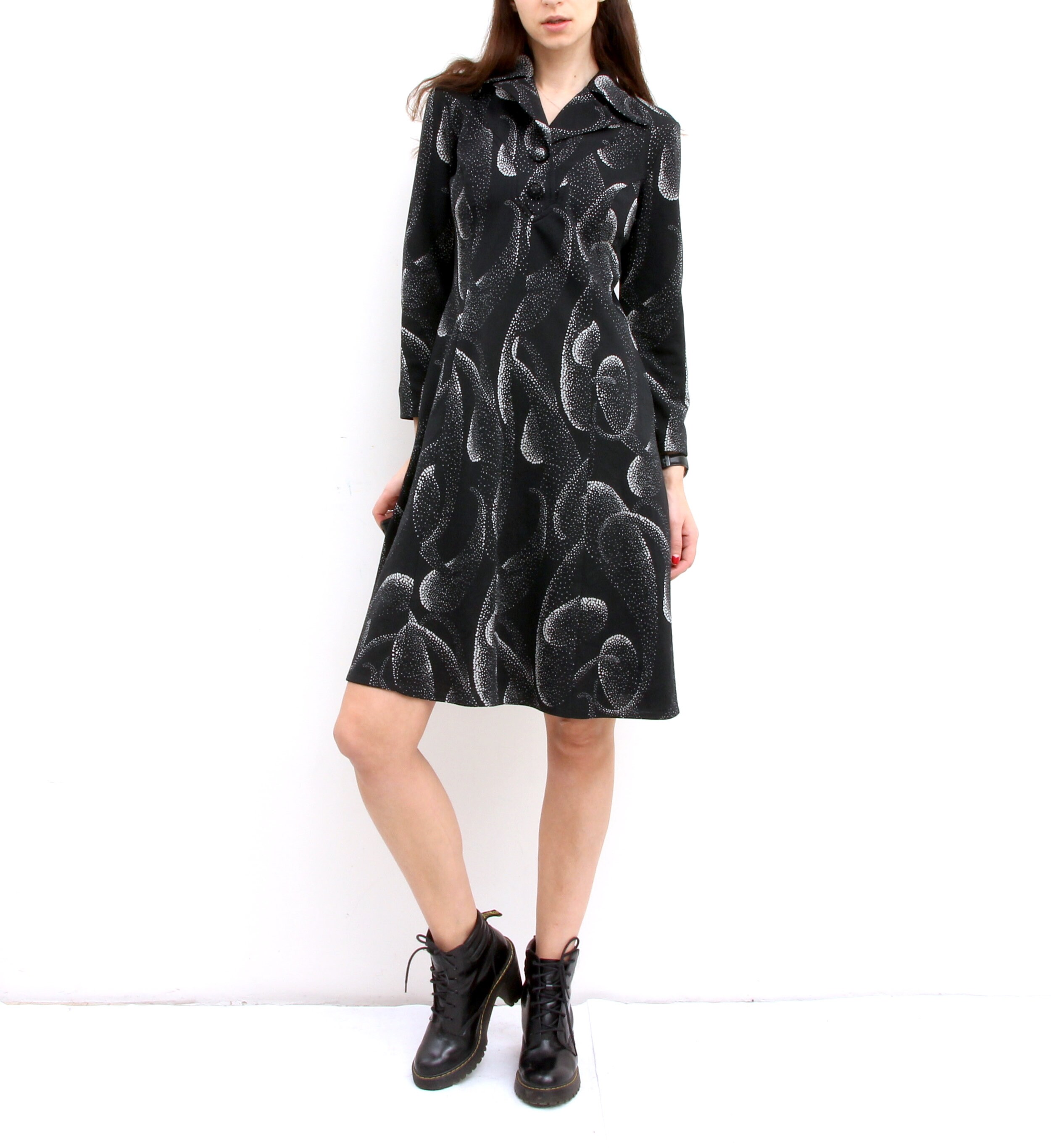 Black Simple Printed Dress Long Sleeve Dress Waisted Knee Length