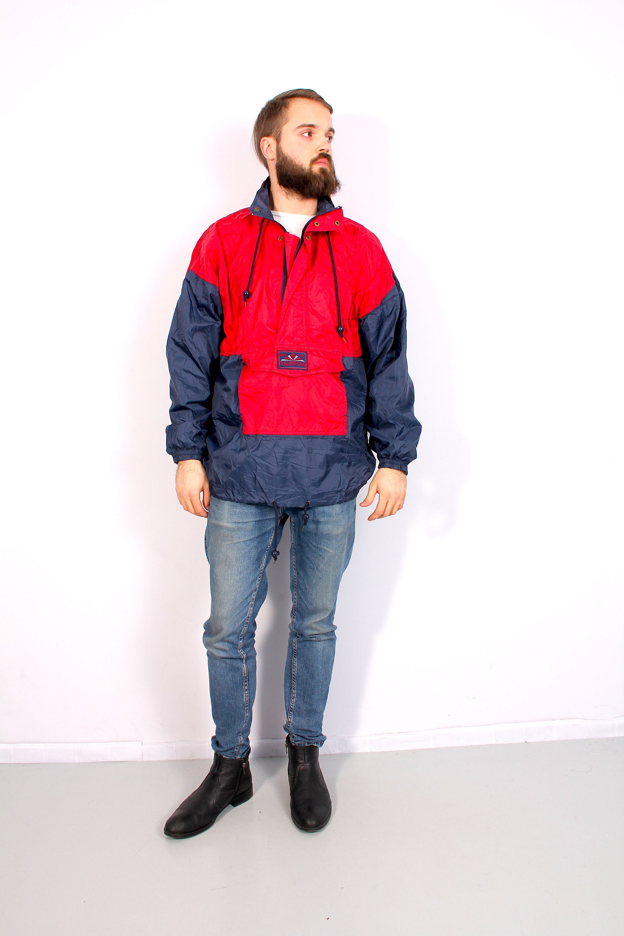 red windbreaker outfit