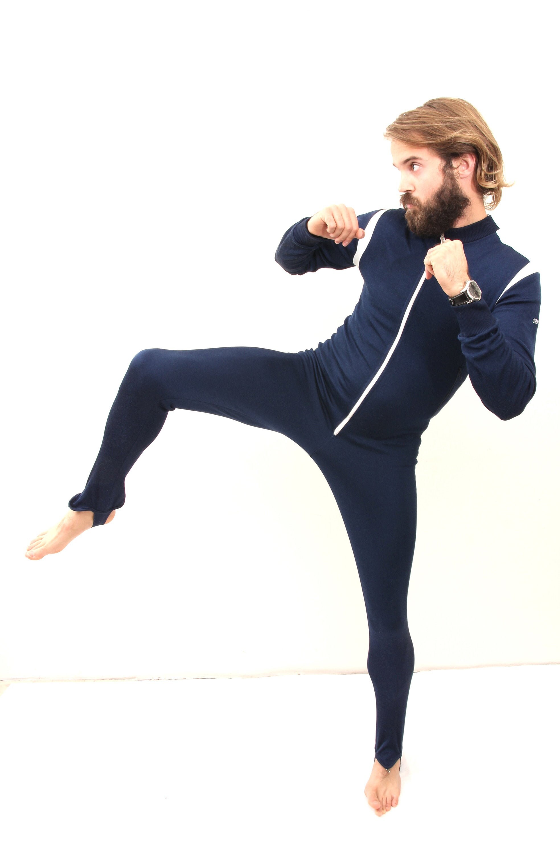 One Piece 70's Sport Jumpsuit Slim Fit Gym Blue Tracksuit XS S