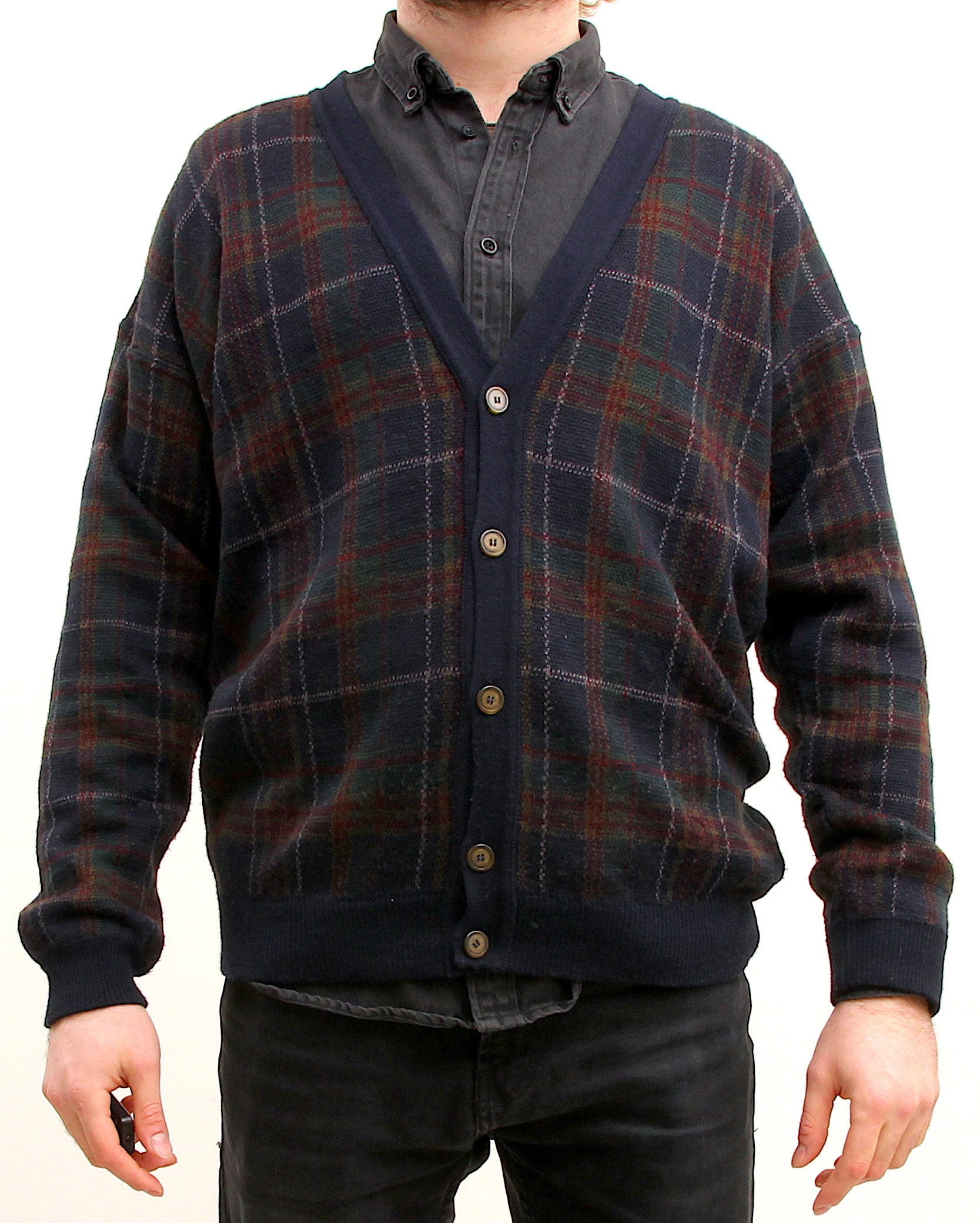 Checkered Classic Men Cardigan Knitted V Neck Plaid Sweater M L Checkered Classic Men Cardigan Knitted V Neck Plaid Sweater M L