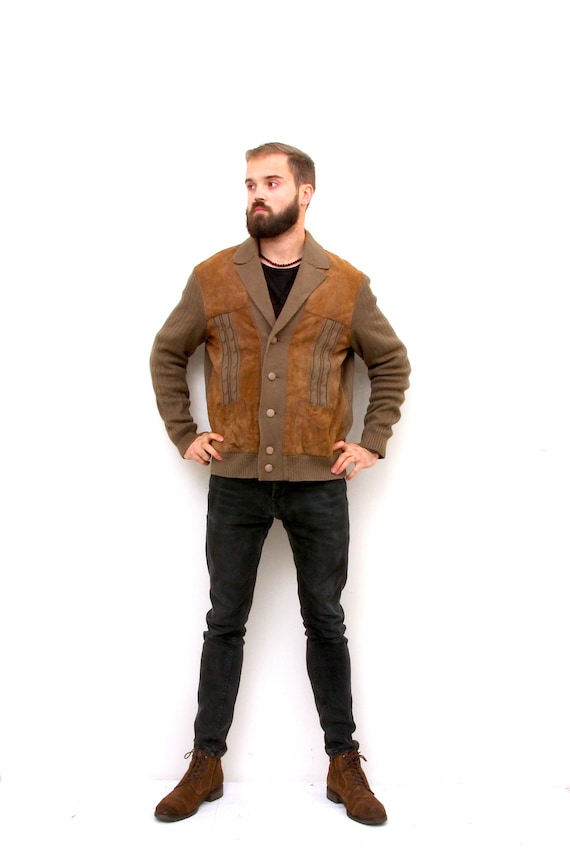 Suede Leather Knitted Cardigan Unisex 80's Casual