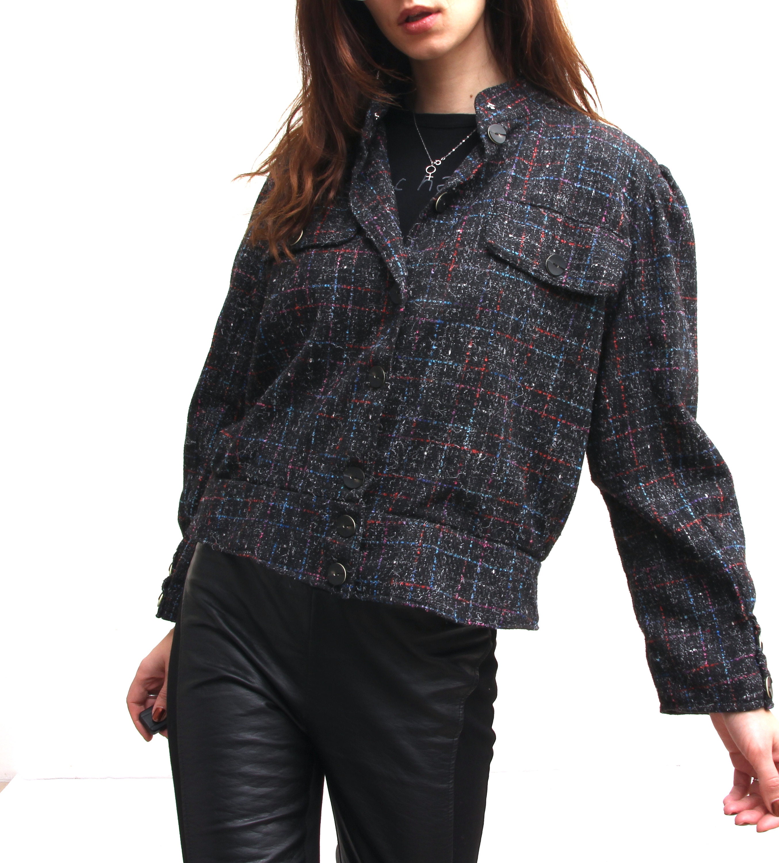 Vintage Dark Wool Crop Coat With Lapel Collar Minimalist ...