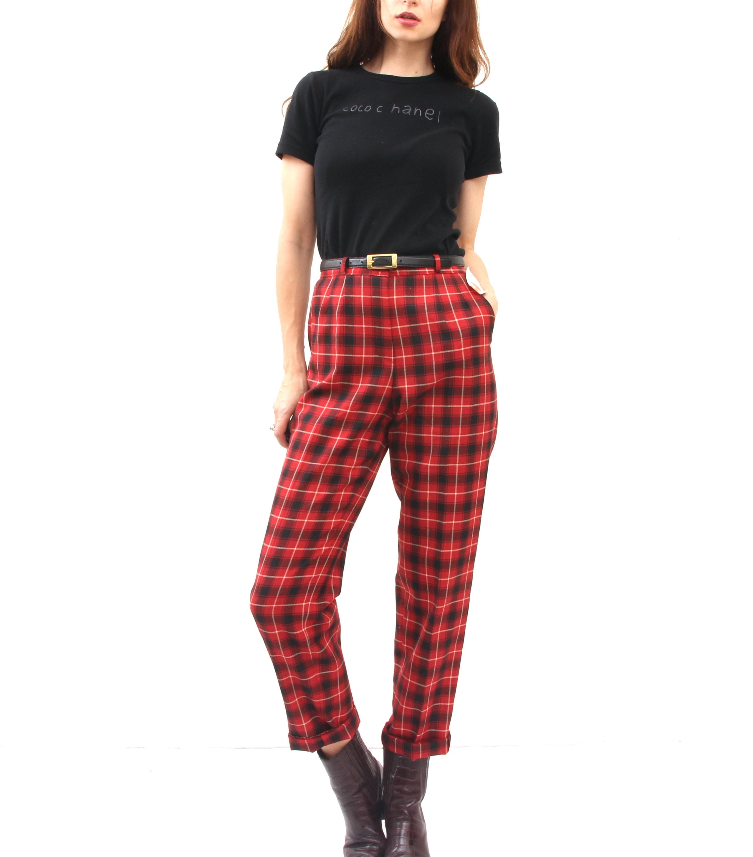 red checked trousers womens