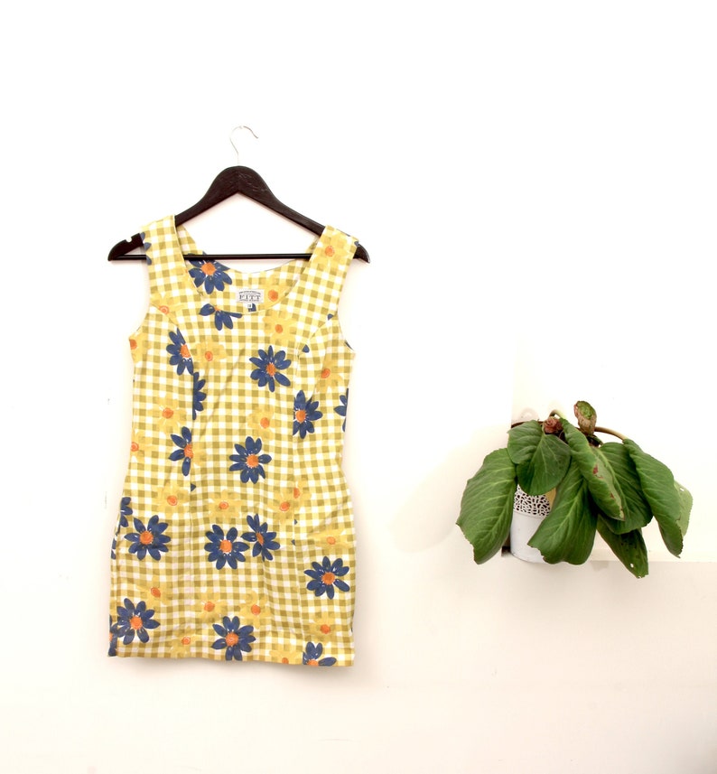 70s Yellow Blue Blossoms Summer Dress Sheath Above Knee Cute Floral Dress M 38