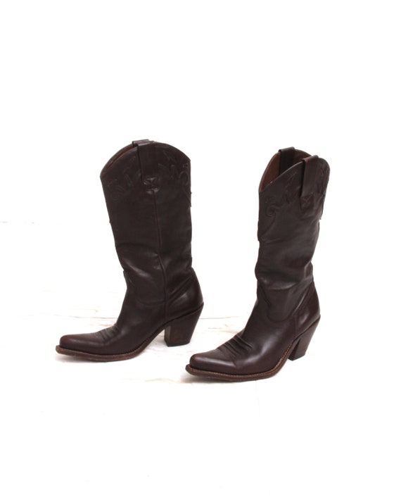 Tall Western Boots Brown Real leather Boots Embroi