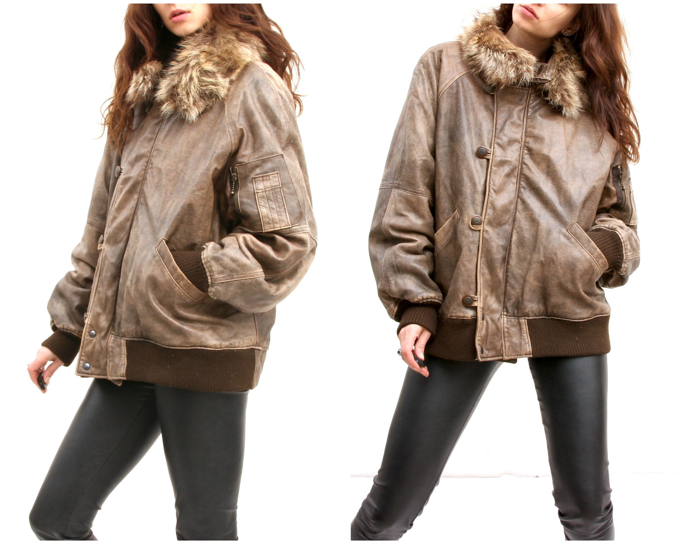 Faded Pilot Grey Leather Jacket With Fur Collar Oversized Distressed