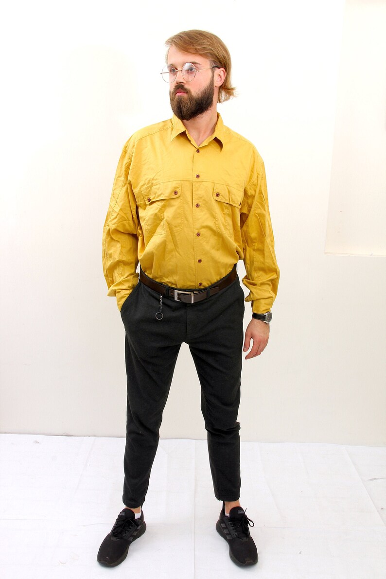Vintage Button Down Oxford Shirt 80/'s Mustard Men Minimalist Chemise L XL